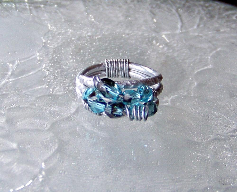 Blue Wire Wrapped Cluster Ring - size 6 adjustable