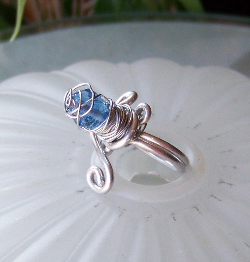 Blue Wire Wrapped Ring - size 6 adjustable