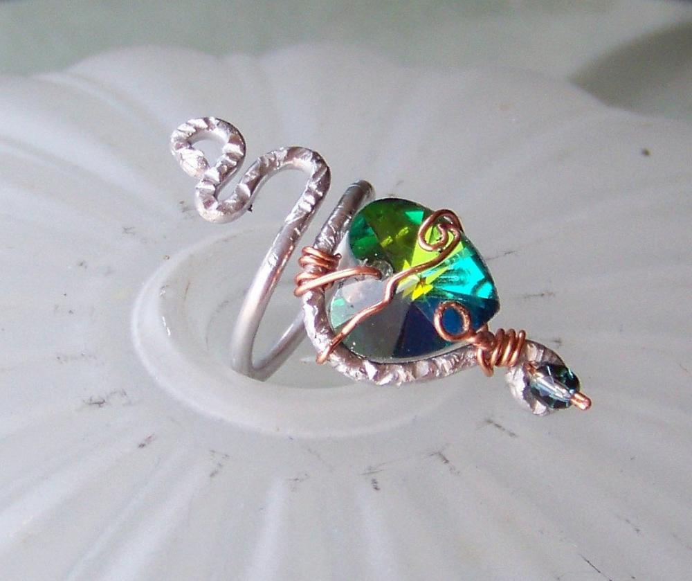 Crystal Heart Swarovski Vitrail Wire Wrapped Ring - size 6 adjustable
