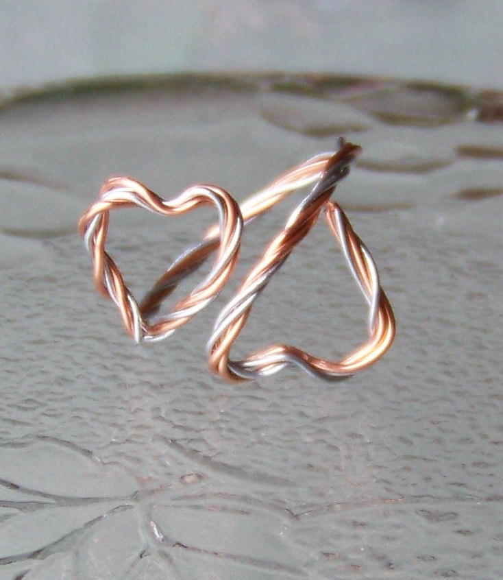 Cuff Ring - Double Hearts Wire Wrap in Two Tone - Copper and Silvertone
