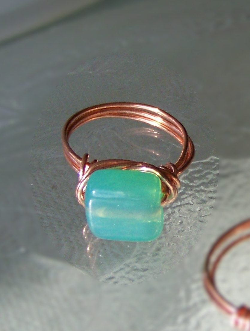 Ring size 6.5 - Aqua Blue and Copper Wire Wrapped OOAK Art Ring
