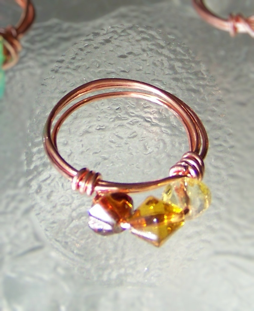 Ring sz 7 - Shades of Amber Beads and Copper Wire Wrapped OOAK Art Ring