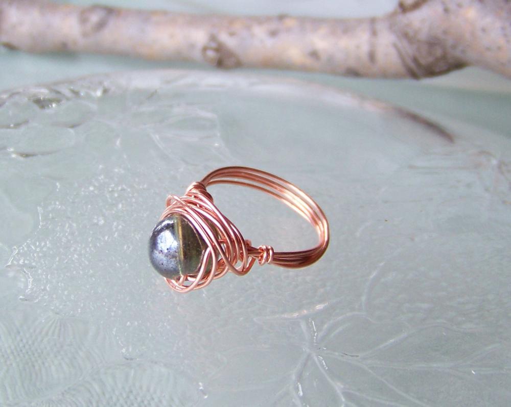 Ring sz 6 - Wire Wrapped Copper and Black Smokey Iridescent Bead