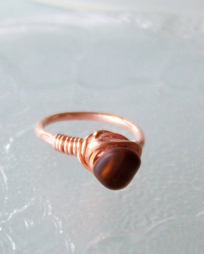 Ring sz 5.5 - Wire Wrapped Round, Square, Hammered Copper with Brown Sea Glass Bead