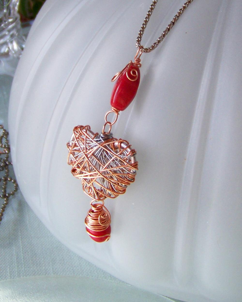 Wire Wrapped Art Pendant Orange Bead Necklace