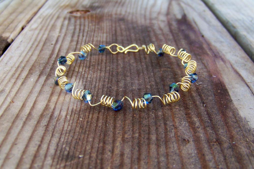 Bracelet Adjustable Brass Wire and Blue Crystal Bicone Bead