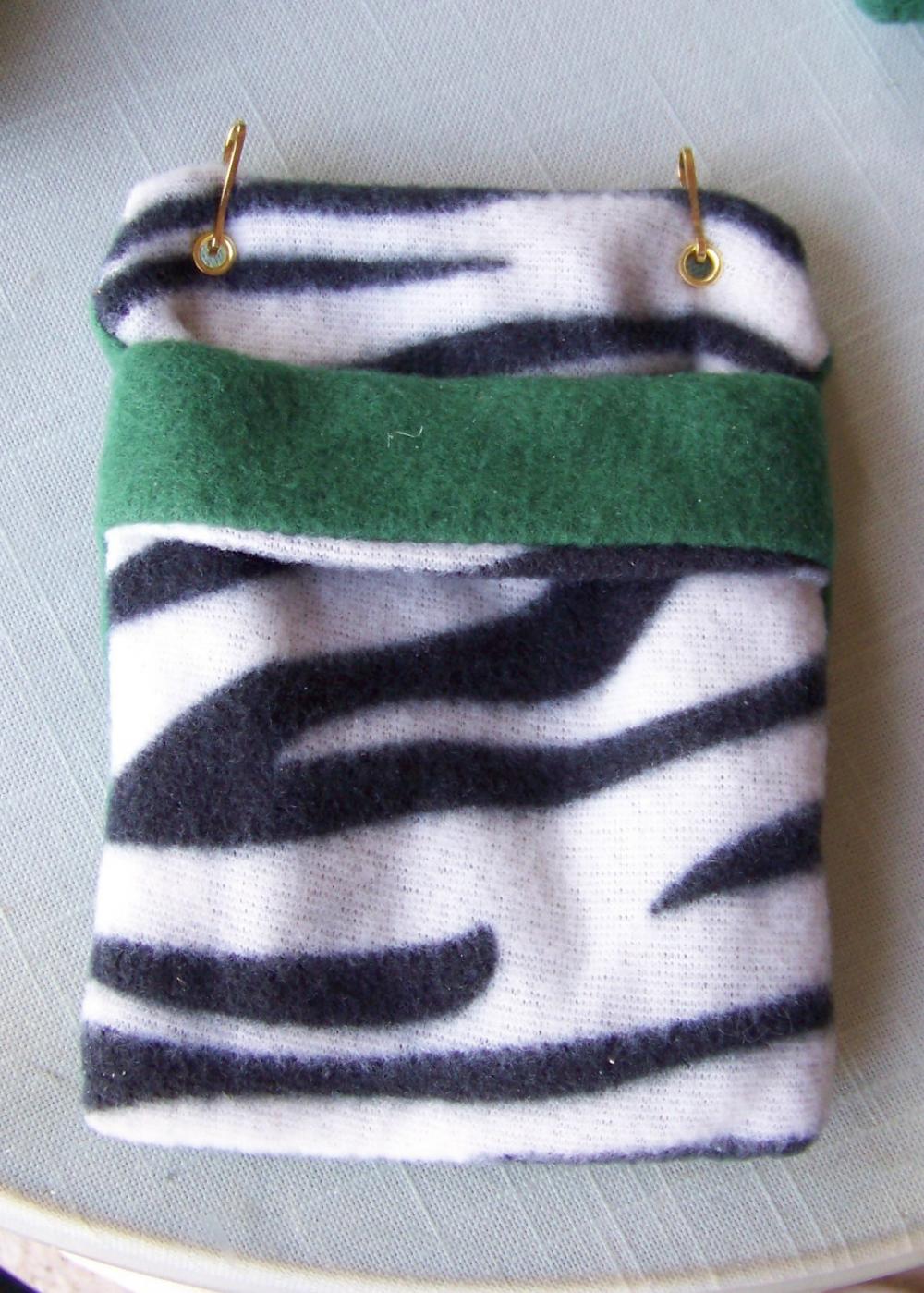 FLEECE BONDING POUCH for Small Pets - Green with Black and White Zebra Stripe patterned Fleece - 4.5 x 6 inches