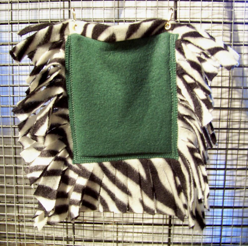 FLEECE BONDING POUCH for Small Pets - Green with Black and White Zebra Stripe patterned Fleece - 5x6 inches