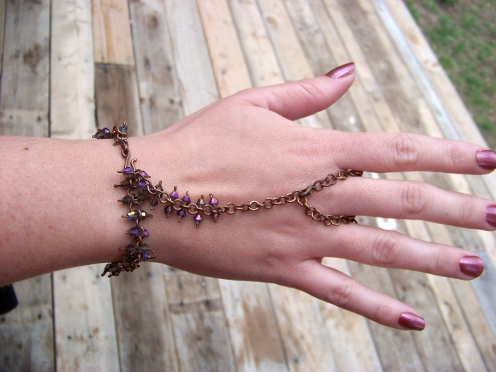 Slave Bracelet and Ring - Solid Antiqued Copper Wire - Saphire or Indicolite blue, AB coated Crystal Bicones