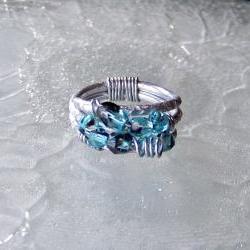 Blue Wire Wrapped Cluster Ring - size 6 adjustable