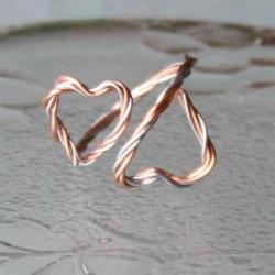 Cuff Ring - Double Hearts Wire Wrap in Two Tone - Copper and Silvertone