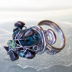 Cocktail Ring sz 8 - Wire Wrapped Aluminum with Black Stone and Blue fire polished glass
