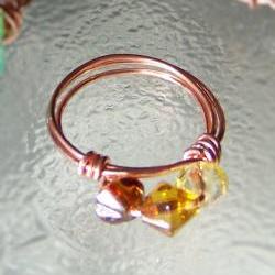 Ring sz 7 - Shades of Amber Beads and Copper Wire Wrapped OOAK Art Ring