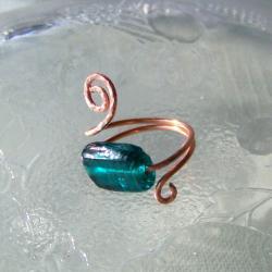 Ring sz 8 adjustable - Teal Glass Bead and Copper Wire Wrapped OOAK Art Ring