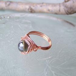 Ring sz 6 - Wire Wrapped Copper and Black Smokey Iridescent Bead