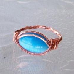 Ring sz 7.5 - Wire Wrapped Twisted Copper with Blue Fiber Optic Stone