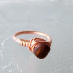 Ring sz 5.5 - Wire Wrapped Round, Square, Hammered Copper with Brown Sea Glass Bead