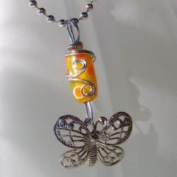 Wire Wrapped Art Pendant Bead Necklace with silver plate ball chain