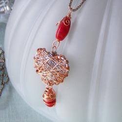 Wire Wrapped Art Pendant Orange Bead Necklace