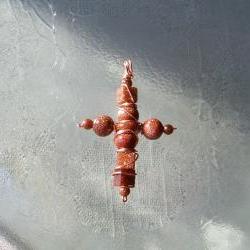 Gold Stone Cross Wire Wrapped Art Pendant