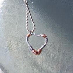 Textured Silver Tone Heart Wire Wrap - Art Pendant Necklace