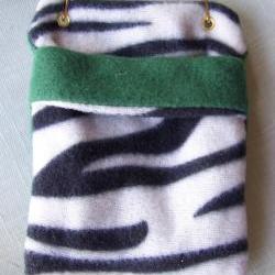 FLEECE BONDING POUCH for Small Pets - Green with Black and White Zebra Stripe patterned Fleece - 4.5 x 6 inches