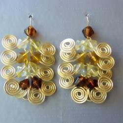 Dangle Earrings Pair, Custom Length, Golden Brass Egyptian Swirl Link and Shades of Yellow and Amber fire polished beads
