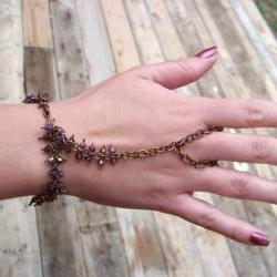 Slave Bracelet and Ring - Solid Antiqued Copper Wire - Saphire or Indicolite blue, AB coated Crystal Bicones