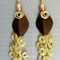 Dangling Earring Pair, Golden Brass Egyptian Swirl Link and rich brown and peach beads