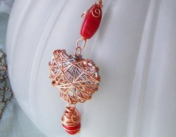 Wire Wrapped Art Pendant Orange Bead Necklace on Luulla